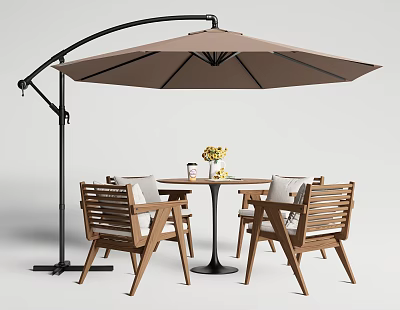 Outdoor Table and Chair Set with Wooden Chairs Round Table Brown Parasol and Flower Vase 3d model