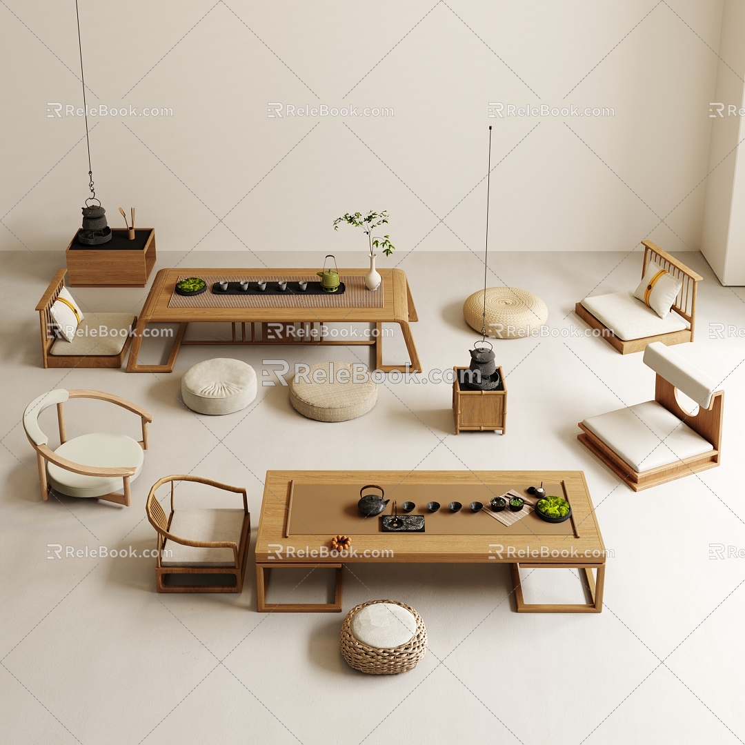 New Chinese Tea Table and Chair Futon Tatami Cushion Stool Chair Tea Table and Chair Combination 3d model