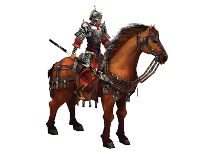 Medieval Armored Man Riding Brown Horse with Sword and Traditional Armor 3d model