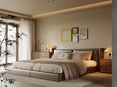 Modern Bedroom Interior Design With King Size Bed Nightstands Wall Art And Large Window 3d model