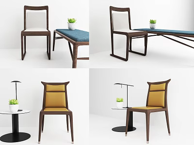 Modern Leisure Chair With White Yellow Seat Wooden Frame And Small Table Plant 3d model