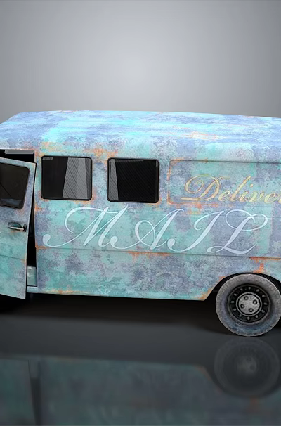 Turquoise Vintage Bus With Delivery M&J Gold Lettering And Open Door Design 3d model