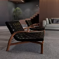Modern Luxury Living Room Interior With Wooden Walls Circular Art Gray Sofas And Coffee Tables