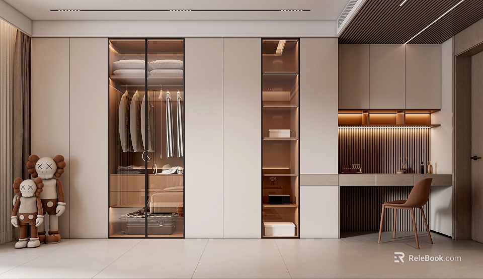 Modern Wardrobe Interior Design With Glass Door Hanging Area And Open Shelves 3d model 