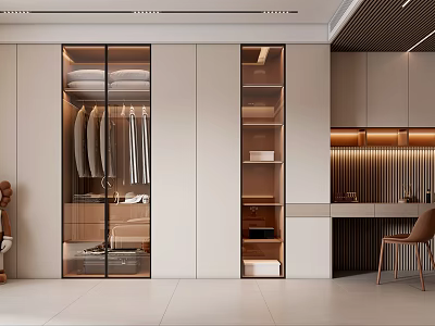 Modern Wardrobe Interior Design With Glass Door Hanging Area And Open Shelves 3d model