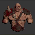 Muscular Fantasy Monster Character With Red Bloodstained Armor Sharp Horns And Fierce Expression
