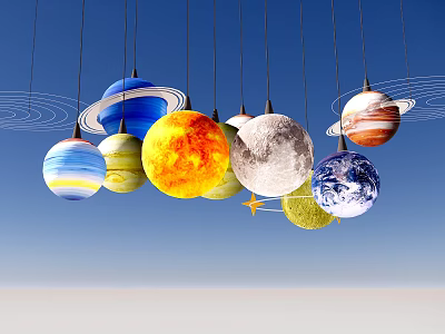 Hanging Solar System Planets Models With Sun Earth Moon And Rings On Blue Background 3d model