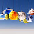Hanging Solar System Planets Models With Sun Earth Moon And Rings On Blue Background