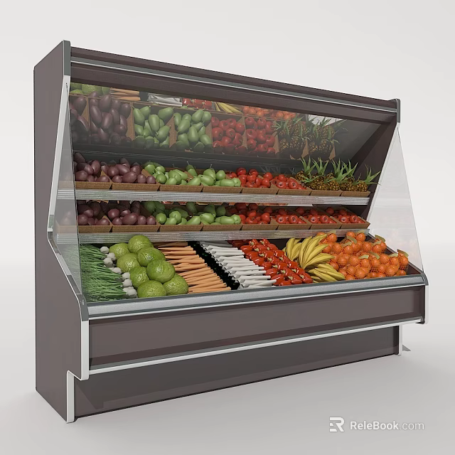Fresh Display Shelf with Transparent Glass Showcasing Organic Fruits and Vegetables in Retail Store 3d model 