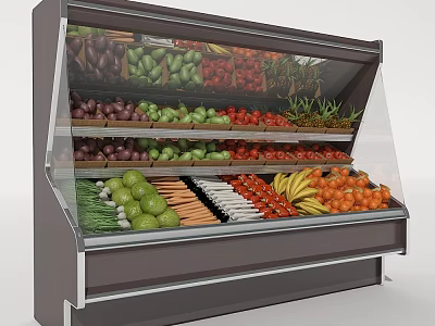 Fresh Display Shelf with Transparent Glass Showcasing Organic Fruits and Vegetables in Retail Store 3d model