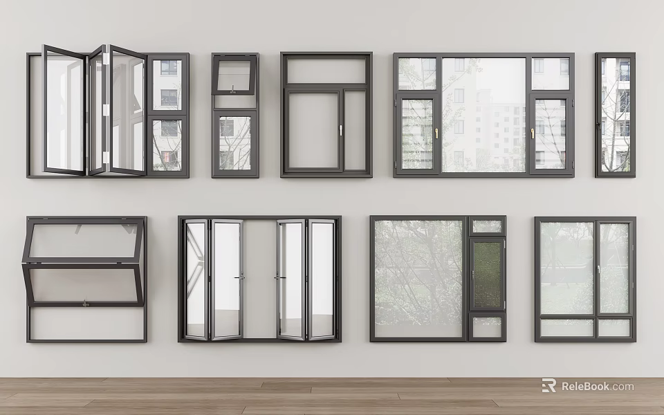 Casement Windows With Various Modern Black Frame Designs And Glass Panel Styles 3d model 