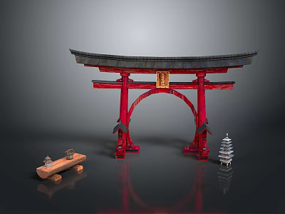 Traditional Japanese Red Torii Gate Decorative Scene With Wooden Bench And Pagoda Model 3d model