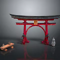 Traditional Japanese Red Torii Gate Decorative Scene With Wooden Bench And Pagoda Model