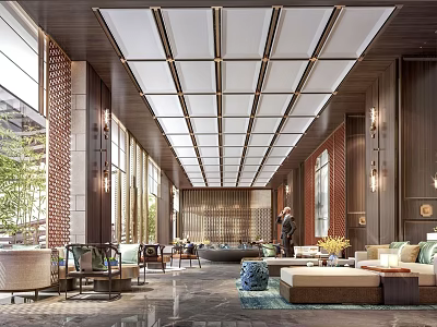 Luxurious Hotel Lobby Interior Design With Elegant Sofas Chandelier Ceiling And Marble Floor 3d model