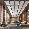 Luxurious Hotel Lobby Interior Design With Elegant Sofas Chandelier Ceiling And Marble Floor 3d model