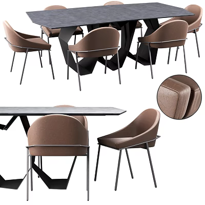 Modern Dining Table Set With Brown Upholstered Chairs And Black Metal Legs 3d model