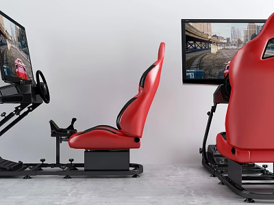 Red Racing Simulator Chairs With Gaming Steering Wheels And Monitor Screens In Entertainment Electronics Room 3d model