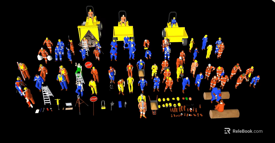 Colorful Construction Workers Figures With Yellow Machinery Tools Ladders And Barriers 3d model 
