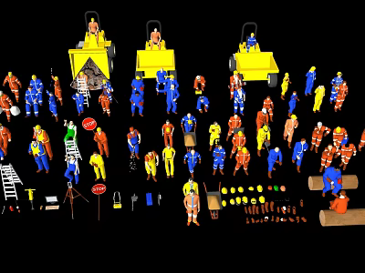 Colorful Construction Workers Figures With Yellow Machinery Tools Ladders And Barriers 3d model