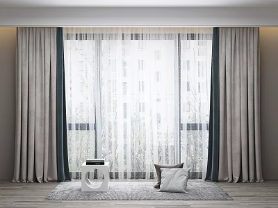 Elegant Curtains with Sheer Layers in Modern Room Large Window Small Table Chair Cushion 3d model