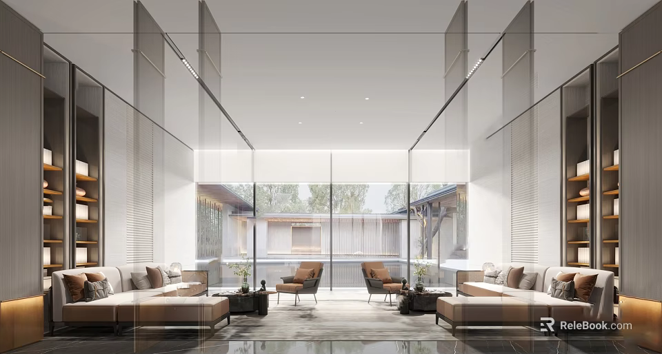 Modern Luxury Lounge Area Interior With Comfortable Sofa And Floor to Ceiling Windows 3d model