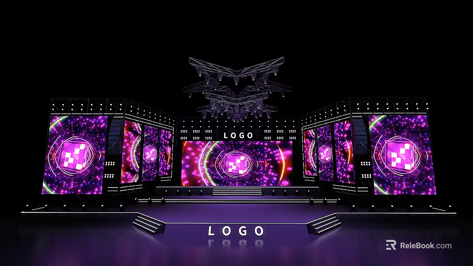 Modern Stage Design With LED Screens Purple Pink Lighting Effects And Logo 3d model 