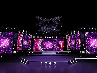 Modern Stage Design With LED Screens Purple Pink Lighting Effects And Logo 3d model