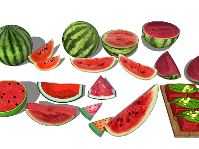 Fresh Juicy Watermelon Whole And Sliced Pieces On Display Arrangement 3d model