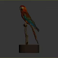 Vibrant Red Parrot with Green Wings Perched on Branch with Sand Base