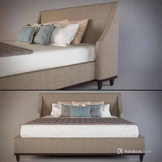 Modern Upholstered Double Bed With Beige Headboard Multiple Pillows And Gray Bed Runner 3d model