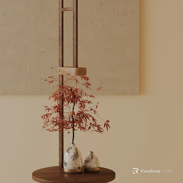 Stylish Red Maple Bonsai Plant with Wooden Stand and Stone Decorations for Indoor Minimalist Decor 3d model 