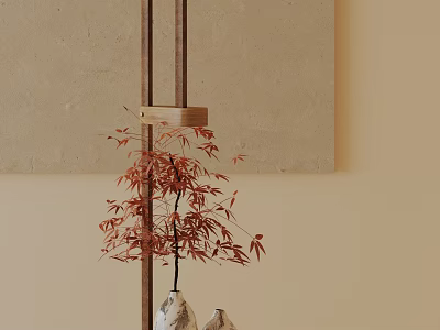 Stylish Red Maple Bonsai Plant with Wooden Stand and Stone Decorations for Indoor Minimalist Decor 3d model