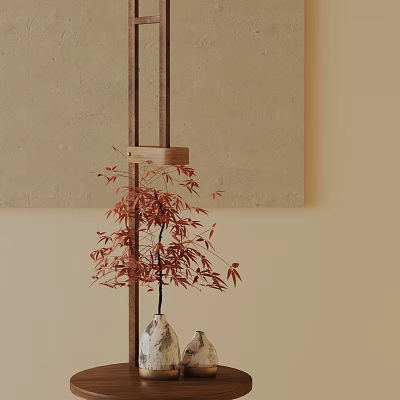 Stylish Red Maple Bonsai Plant with Wooden Stand and Stone Decorations for Indoor Minimalist Decor 3d model