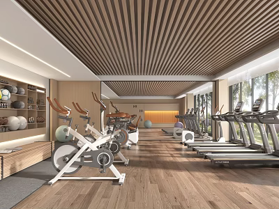 Modern Fitness Gym Interior With Spin Bikes Treadmills Wooden Flooring And Shelves 3d model