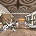 Modern Fitness Gym Interior With Spin Bikes Treadmills Wooden Flooring And Shelves