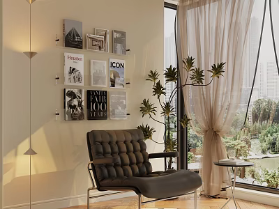 Modern Leather Leisure Chair With Grid Design By Window Side Green Plant And Magazine Posters 3d model