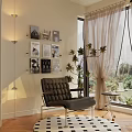 Modern Leather Leisure Chair With Grid Design By Window Side Green Plant And Magazine Posters