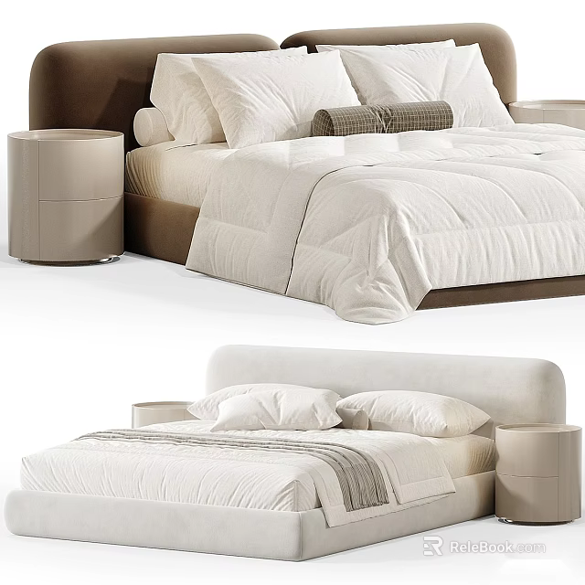 Modern Double Bed Design With Upholstered Headboard White Bedding And Nightstand 3d model 