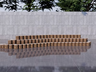 Landscape Seats In Tiered Wooden Stump Design With Stone Wall And Trees 3d model