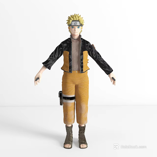 Anime Ninja Character Featuring Blonde Spiky Hair Headband Black Jacket And Orange Pants 3d model 