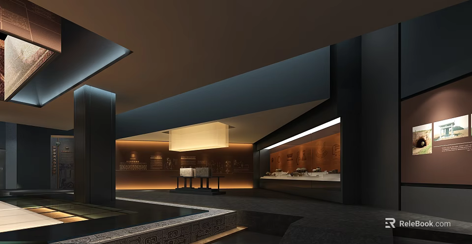 Modern Interior Space Featuring Dark Walls Wooden Panels Rectangular Light Fixture Water Feature Display Counters 3d model 
