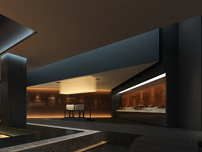 Modern Interior Space Featuring Dark Walls Wooden Panels Rectangular Light Fixture Water Feature Display Counters 3d model