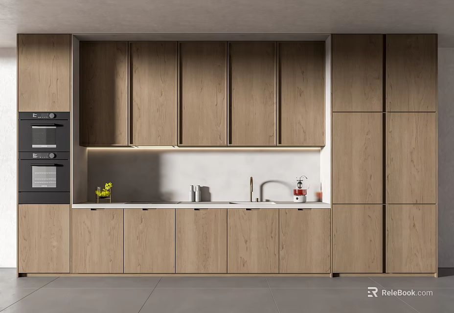 Modern Kitchen Interior With Wooden Cabinets White Countertop Sink And Oven 3d model 