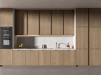 Modern Kitchen Interior With Wooden Cabinets White Countertop Sink And Oven 3d model