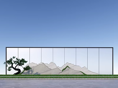 Scenic Wall With Glass Panels Mountain Pattern Pine Tree And Grass Under Blue Sky 3d model