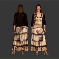 Woman In Patterned Long Dress With Black Jacket Front And Back View