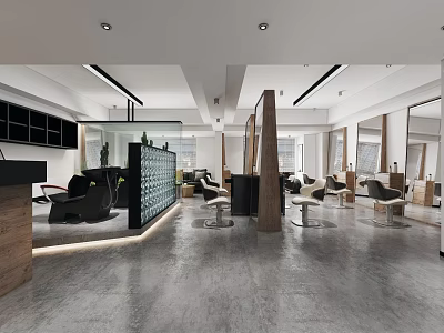 Modern Hair Salon Interior Design With Styling Chairs Large Mirrors Sleek Lighting And Reception Desk 3d model