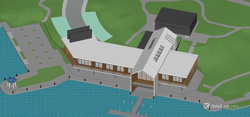 Waterfront Homestay Building with White Roof and Wooden Structure overlooking Green Surroundings and Water Area 3d model 