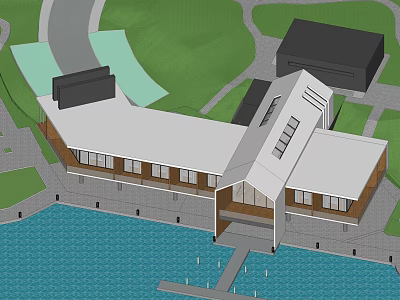 Waterfront Homestay Building with White Roof and Wooden Structure overlooking Green Surroundings and Water Area 3d model