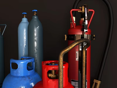 Fire Equipment Including Blue Gray Red Gas Cylinders Red Fire Extinguisher And Metal Parts 3d model